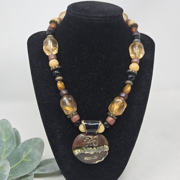 CHICO'S Chunky Beaded Pendant Necklace Earth Tones - Picture 7 of 7